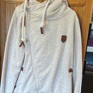Wanakome Light Heather Gray Asymmetric Zip Hoodie with Leather Accents
